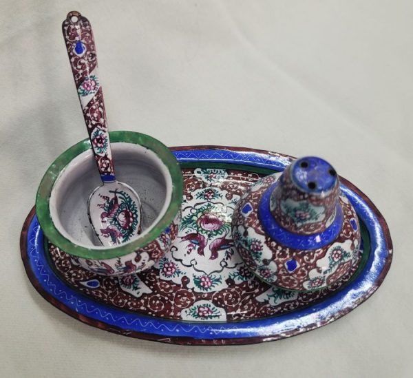 Handmade salt'n pepper enameled dish suitable for Sabbath diner ceremony made by new emigrant to Israel 1960's 3.2 cm X 10.5  cm X 6.2 cm approximately.