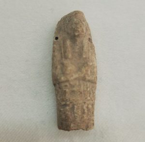 Egyptian pottery faience Ushebti was found in the Holyland Israel. The shabti is depicted mummiform with details. Dimension 3 cm X 1.2 cm approximat
