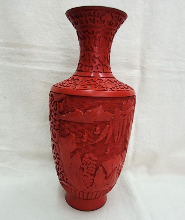 Handmade rosewood carved enameled vase red made in China 1950's real hot kiln enameled inside 26 cm X diameter 10.5 cm approximately.