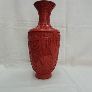 Handmade rosewood carved enameled vase red made in China 1950's real hot kiln enameled inside 26 cm X diameter 10.5 cm approximately.