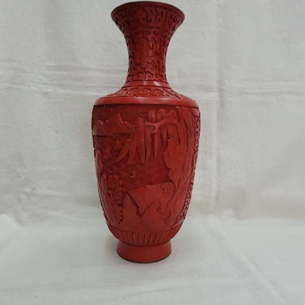 Handmade rosewood carved enameled vase red made in China 1950's real hot kiln enameled inside 26 cm X diameter 10.5 cm approximately.