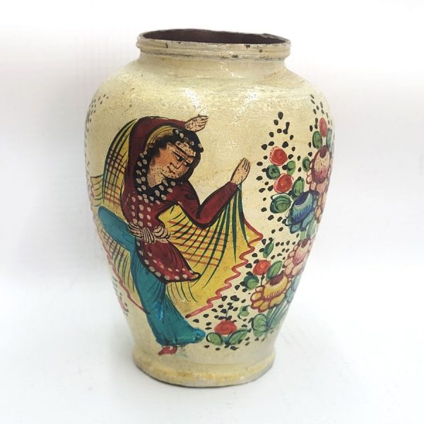 Handmade vintage copper painted vase designs of 2 belly dancers and flowers, imported to Israel early 1950' bearing imported taxes.