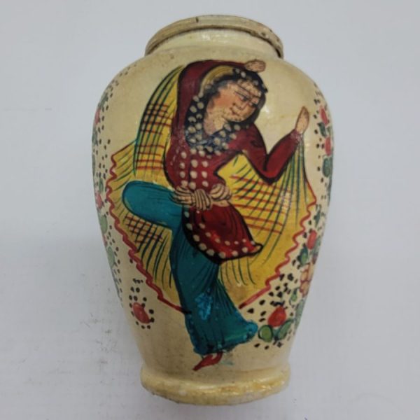 Handmade vintage copper painted vase designs of 2 belly dancers and flowers, imported to Israel early 1950' bearing imported taxes.