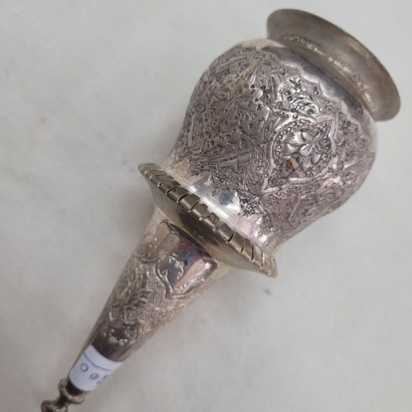 The engravings on vintage brass and copper silver plated Purim ratchet are handmade & hammered showing floral and geometric designs.