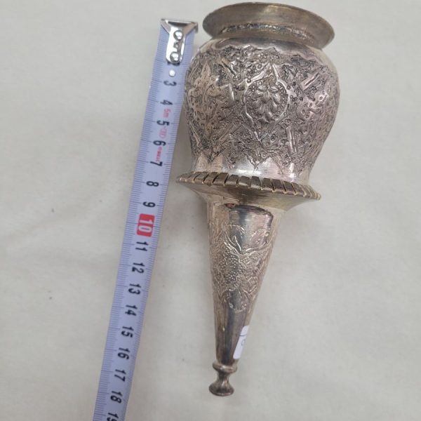 The engravings on vintage brass and copper silver plated Purim ratchet are handmade & hammered showing floral and geometric designs.