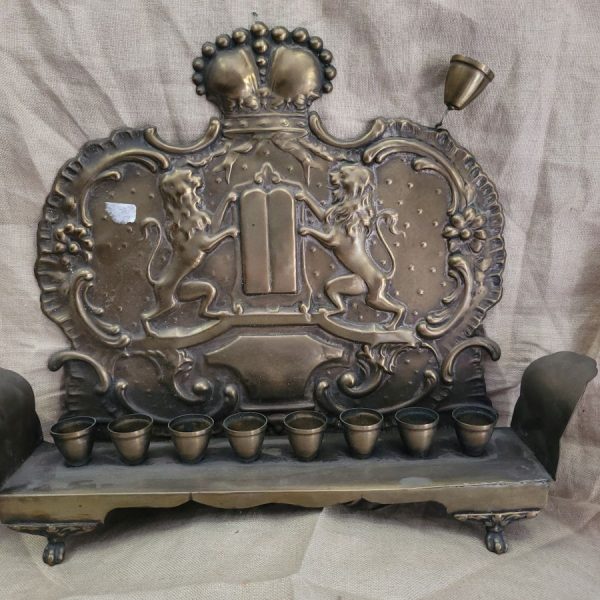 Vintage Hanukah Menorah brass, Bezalel style handmade in Poland 19th century with two lions of Judah embossed 27 cm X 7 cm X 34 cm approximately.