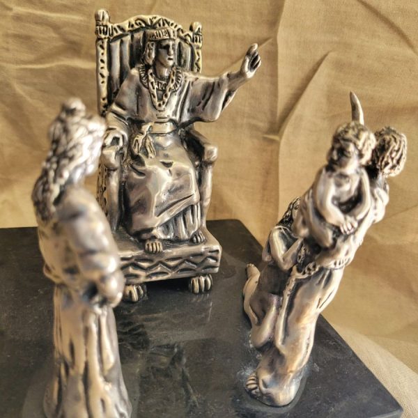 Handmade sterling silver sculpture Solomon judgement, skillfully designed to show the emotions of real mother contrasted by the fake mother jealousy.