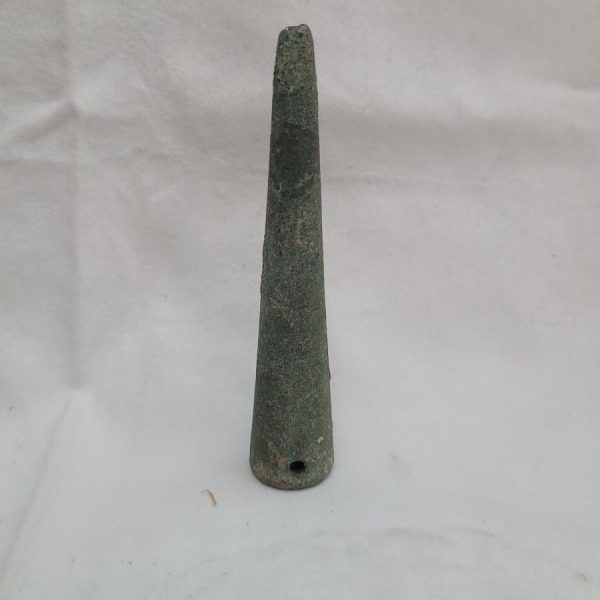 Genuine antique bronze lance head, the holes on sides of conus were to fasten lance head on wood spear, found in the holy land and dated 2000 BC.