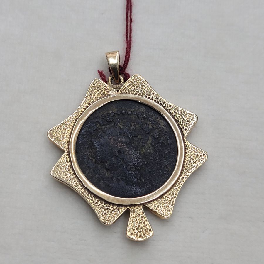 14 Carat gold antique coin gold pendant four cloves set with antique Roman bronze coin set with ancient genuine coin  5th AD.