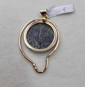 Handmade Jewish revolt coin pendant 14 carat gold Jewish revolt bronze coin. Dimension   3.6 cm X 0.3 cm  2.2 cm  approximately.