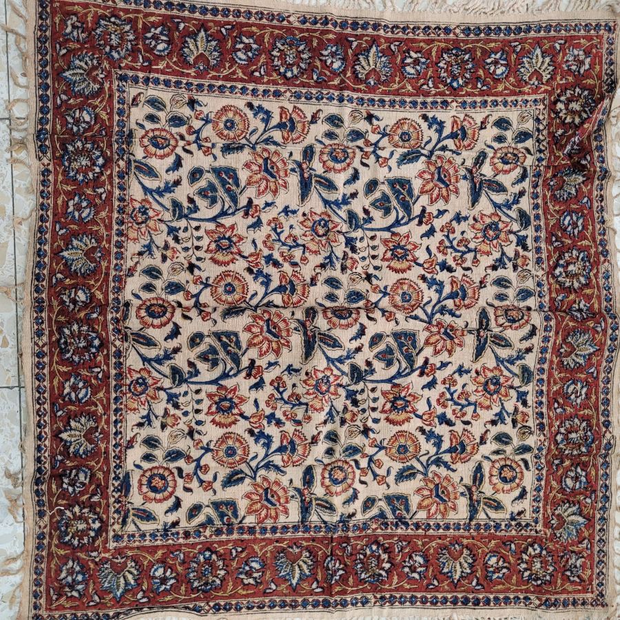Handmade square Qalamkari four flower pattern cotton tablecloth, where are beautiful designs because of the different flowers.