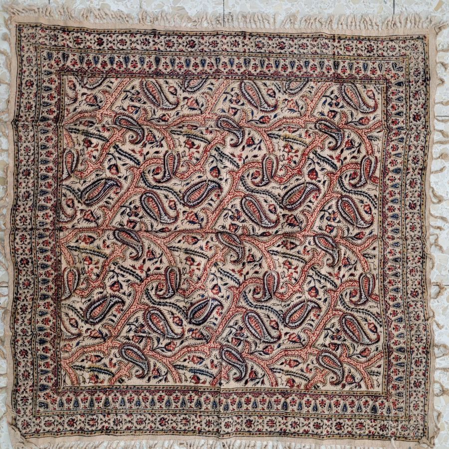 Handmade square Qalamkari leaf pattern cotton tablecloth, where are beautiful designs because of the different leaf pattern.