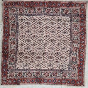 Handmade square cotton vintage floral Qalamkari tablecloth, where are beautiful designs because of the different flowers and geometrics.