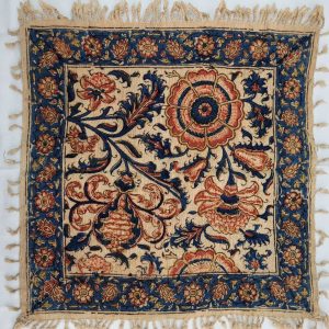 Handmade vintage square Qalamkari flower pattern cotton tablecloth, where are beautiful designs because of the different flowers and geometrics.