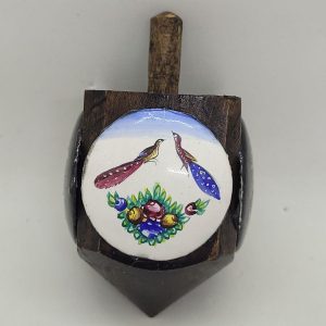 Handmade Hanukah Dreidel round enameled shape with floral designs on wood Dreidel. Made by S. Ghatan 4.2 cm X 4.2 cm X 7 cm approximately.