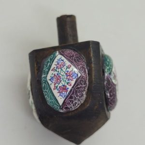 Handmade Hanukah mini Dreidel oval shape enameled with floral and birds designs on wood Dreidel. Made by S. Ghatan ( Katan).
