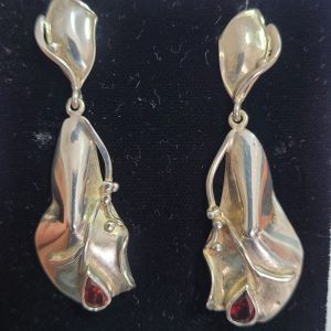 Handmade sterling silver earrings Silver earrings abstract Garnet set in unusual design contemporary style. Dimension 5 cm X 1.8 cm approximately.