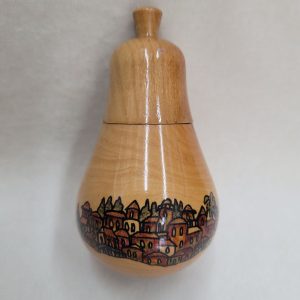 Havdalah olive wood spice box pear shape with Jerusalem houses hand painting designs around. Dimension diameter 5.5 cm X 10.5 cm approximately.