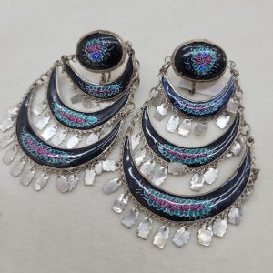 Handmade jewelry vintage black enamel earrings enameled birds & foliage designs set in sterling silver Yemenite filigree crescent shape.