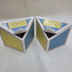 Contemporary style two separate Passover Hazeret Haroset dish ceramic yellow and blue triangle shape blue & white colors.
