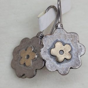 Handmade oxidized sterling silver flower shape earrings set with 14 carat gold in center of big flower. Dimension 1.3 cm X 3.2 cm approximately.