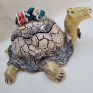 Handmade lazed ceramic turtle candy box sculpture made by T. Labot to store candies and sweets. There are more various characters in stock of her creations.