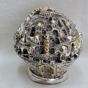 Handmade Sterling silver round Jerusalem sculpture miniature typical Jerusalem famous buildings and houses. Dimension diameter 7 cm X 8 cm approximately.