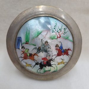 Handmade vintage copper silver plated lady's cosmetic powder box set with mother of pearl hand painting deer hunting scene made in the 1960's.
