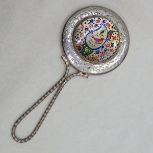 Handmade vintage copper silver plated mirror lady's hand bag set with mother of pearl floral design hand painting made in the 1960's.