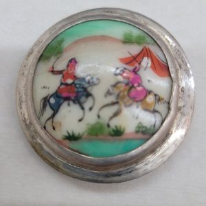 Handmade vintage copper silver plated Box lady’s cosmetic powder set with mother of pearl hand painting horsemen duel scene made in the 1960’s.