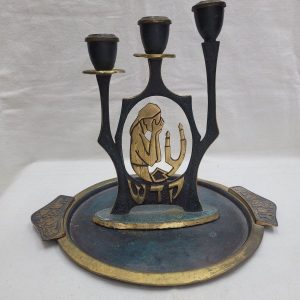 Handmade vintage Sabbath candlesticks blue patina with round dish in good shape, made in the 1960's, candlesticks 24 cm X 15 cm, dish diameter 22 cm.