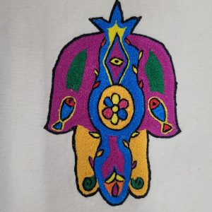 Hamsa Chamsa Ethiopian embroidery wall hanging handmade by new comers from Ethiopia in Israel. Dimension 25 cm X 33 cm approximately.