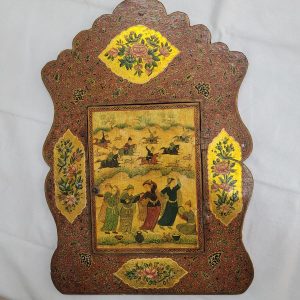 Handmade vintage papier Mache mirror hand painting on wood and papier Mache painting describing deer hunting and rural life with floral designs.
