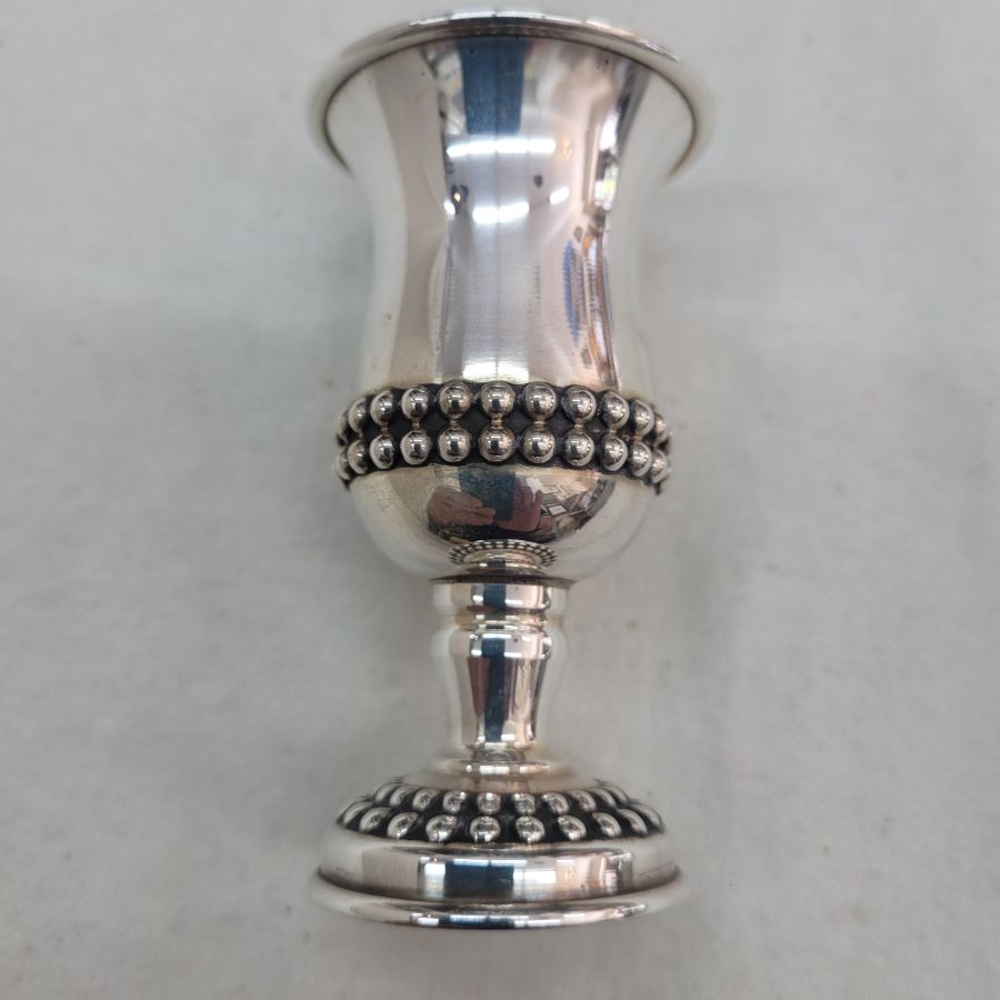 Small wine cup silver Schnapps cup Pearls beads ,two raw around cup. 24 carat gold plating inside Kiddush cup to prevent spoiling wine taste.