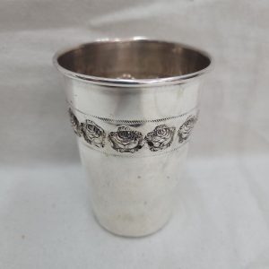Handmade sterling silver goblet rose flowers Kiddush chalice floral engravings classic design around cup. Dimension diameter 6.5 cm X 8.5 cm approximately.