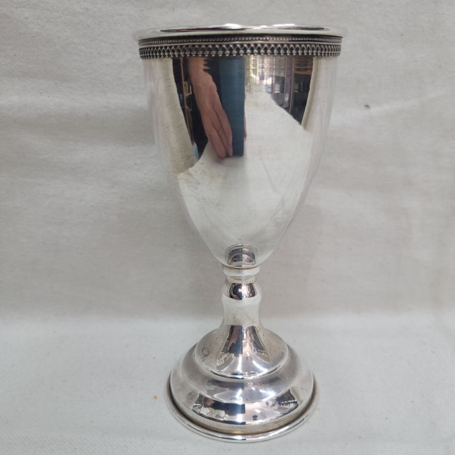 Sterling Silver Kiddush wine grapes chalice with delicate Yemenite filigree designs around cup border. Dimension diameter 6.5 cm X 13.3 cm approximately.