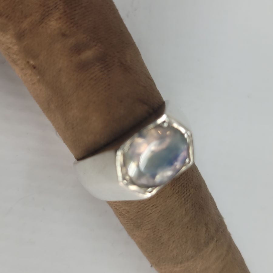 Handmade sterling silver ring faceted Labradorite rectangular shape stone ring contemporary design on wide shiny band ring.