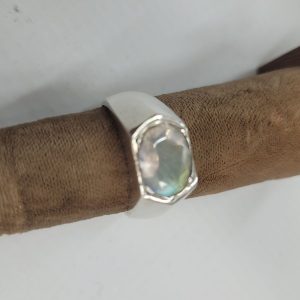 Handmade sterling silver ring faceted Labradorite rectangular shape stone ring contemporary design on wide shiny band ring.