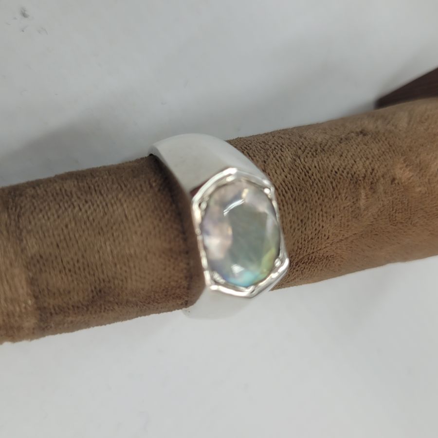 Handmade sterling silver ring faceted Labradorite rectangular shape stone ring contemporary design on wide shiny band ring.