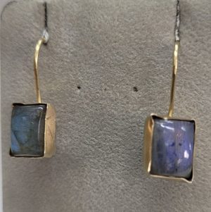 Sterling silver gold earrings Labradorites stones set with 14 carat gold frame and gold wires. Dimension 0.8 cm X 1.5 cm approximately.