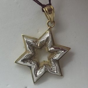 Handmade 14 carat white and yellow gold heavy solid MagenDavid pendant contemporary original abstract design suitable for men.