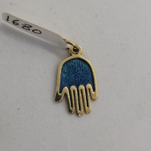 Handmade 14 Carat yellow gold cblue enamel Chamsa pendant with hot enamel painted in center. Dimension 1.1 cm X 2 cm X 0.15 approximately.